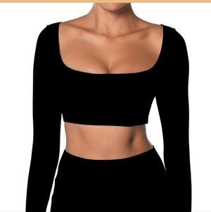 Long Sleeve Square Neck Crop Top With Built In Bra
